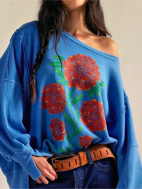 Free People Tops - RARE Free People We The Free Floral Sweatshirt Blue Size M NWT